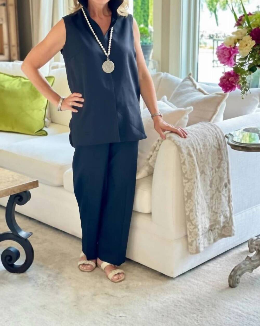 NEW CROWN LINEN classic linen pants in navy